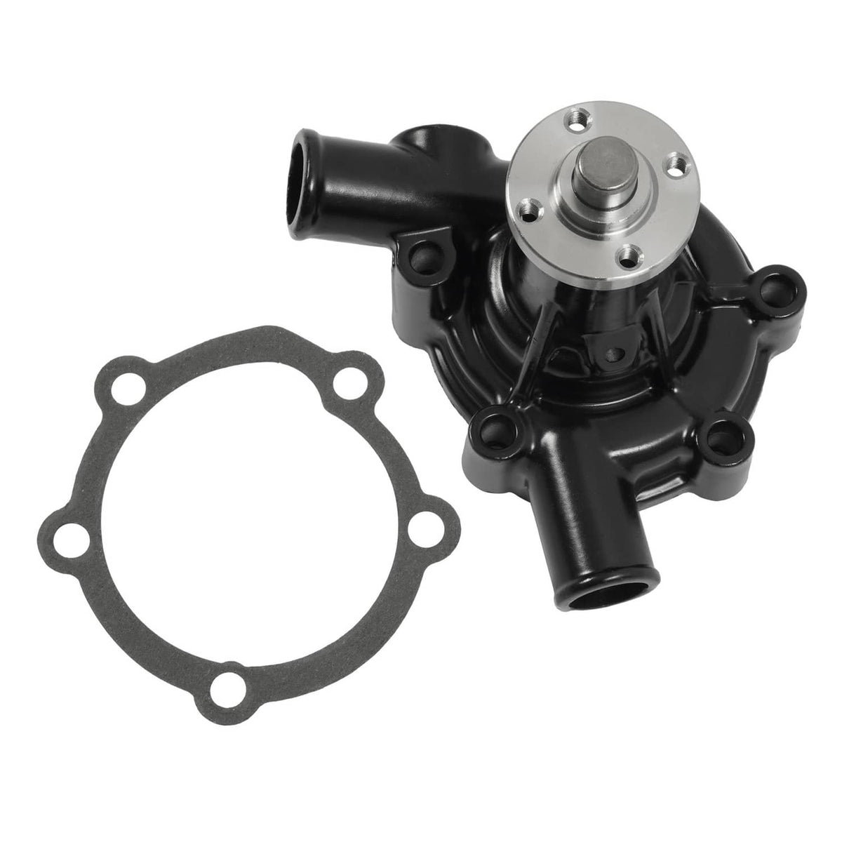 Water pump assembly with black housing, silver flange and mounting hardware, plus gasket