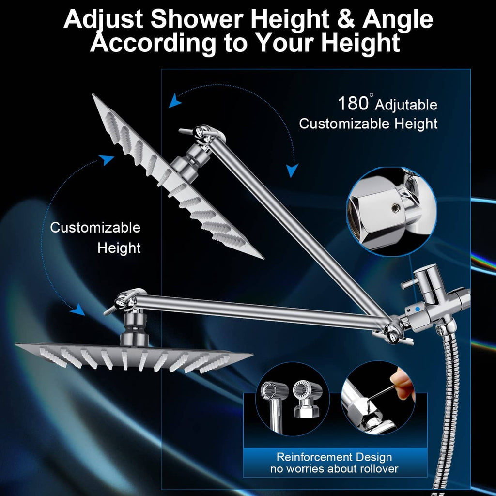 Adjustable chrome shower rail system with rainhead mount and handheld bracket