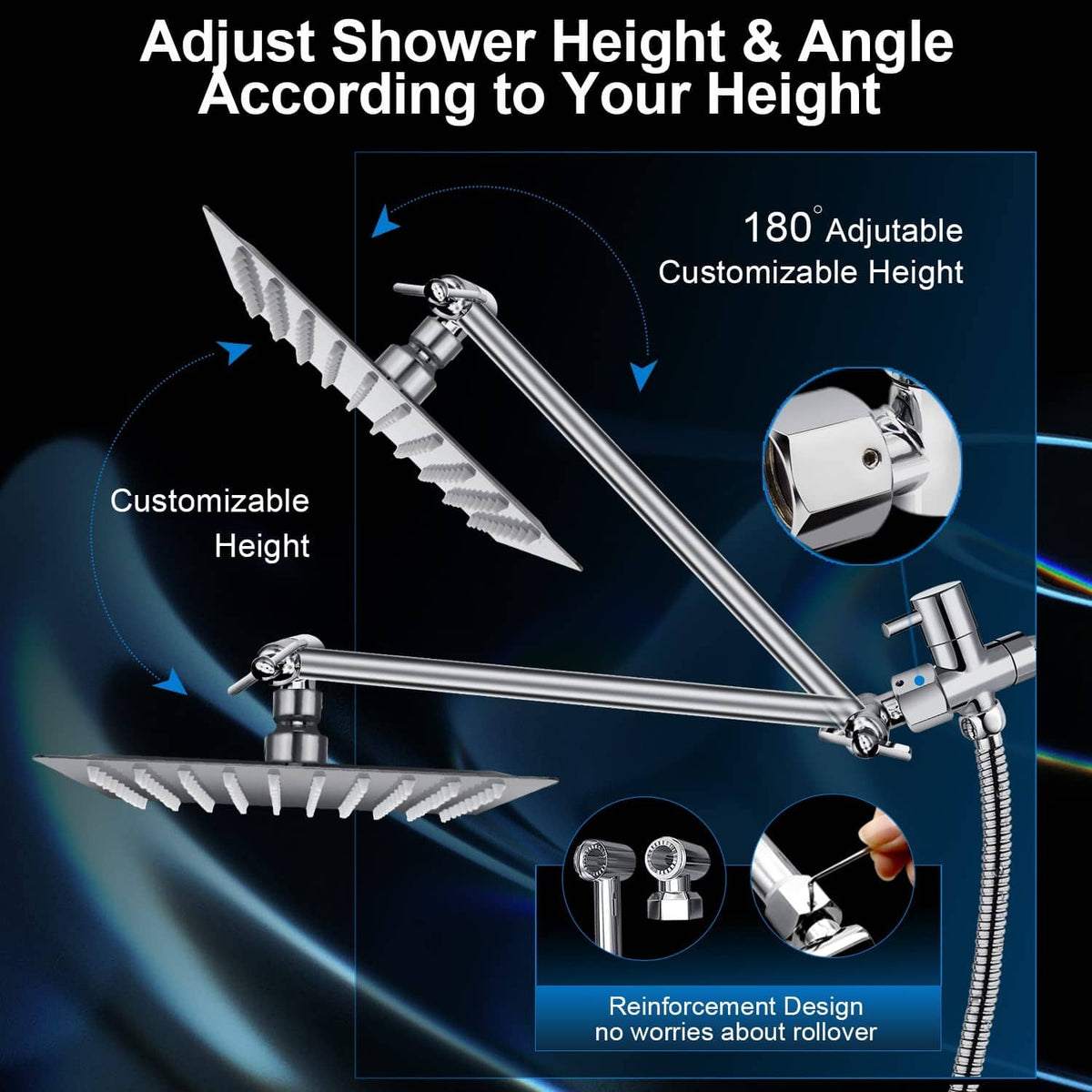Adjustable chrome shower rail system with rainhead mount and handheld bracket