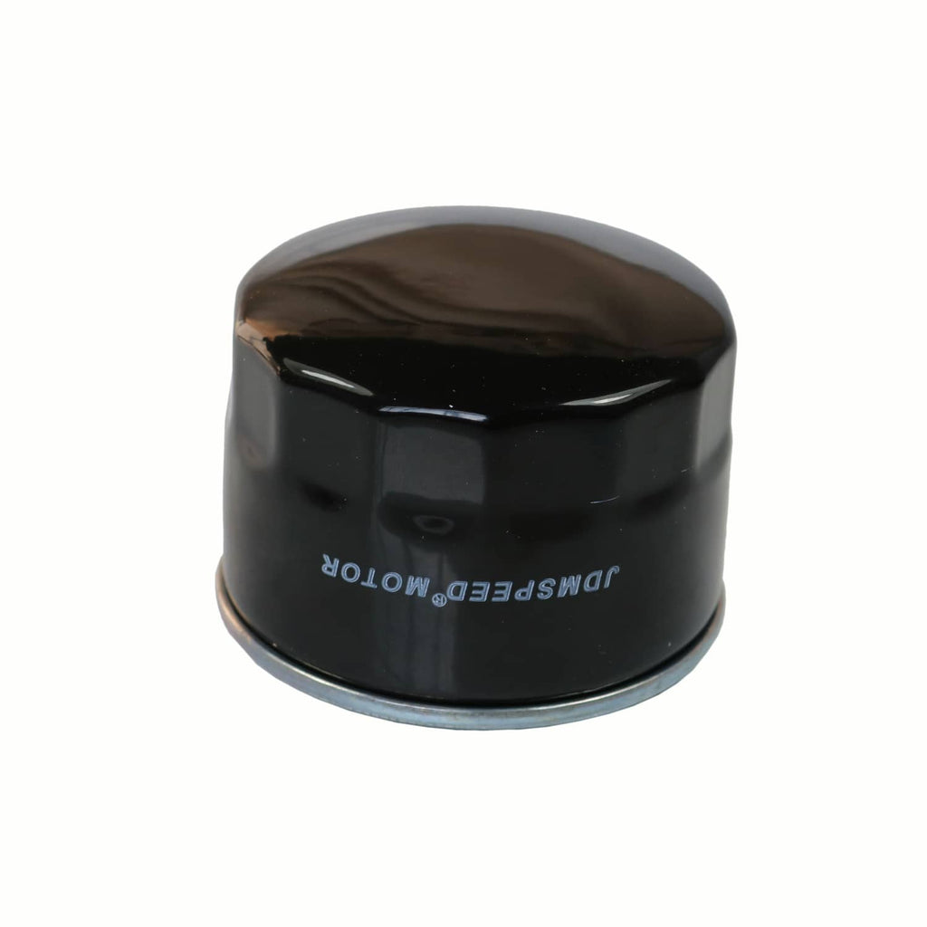 Black oil filter with embossed brand text on the end cap and silver base rim