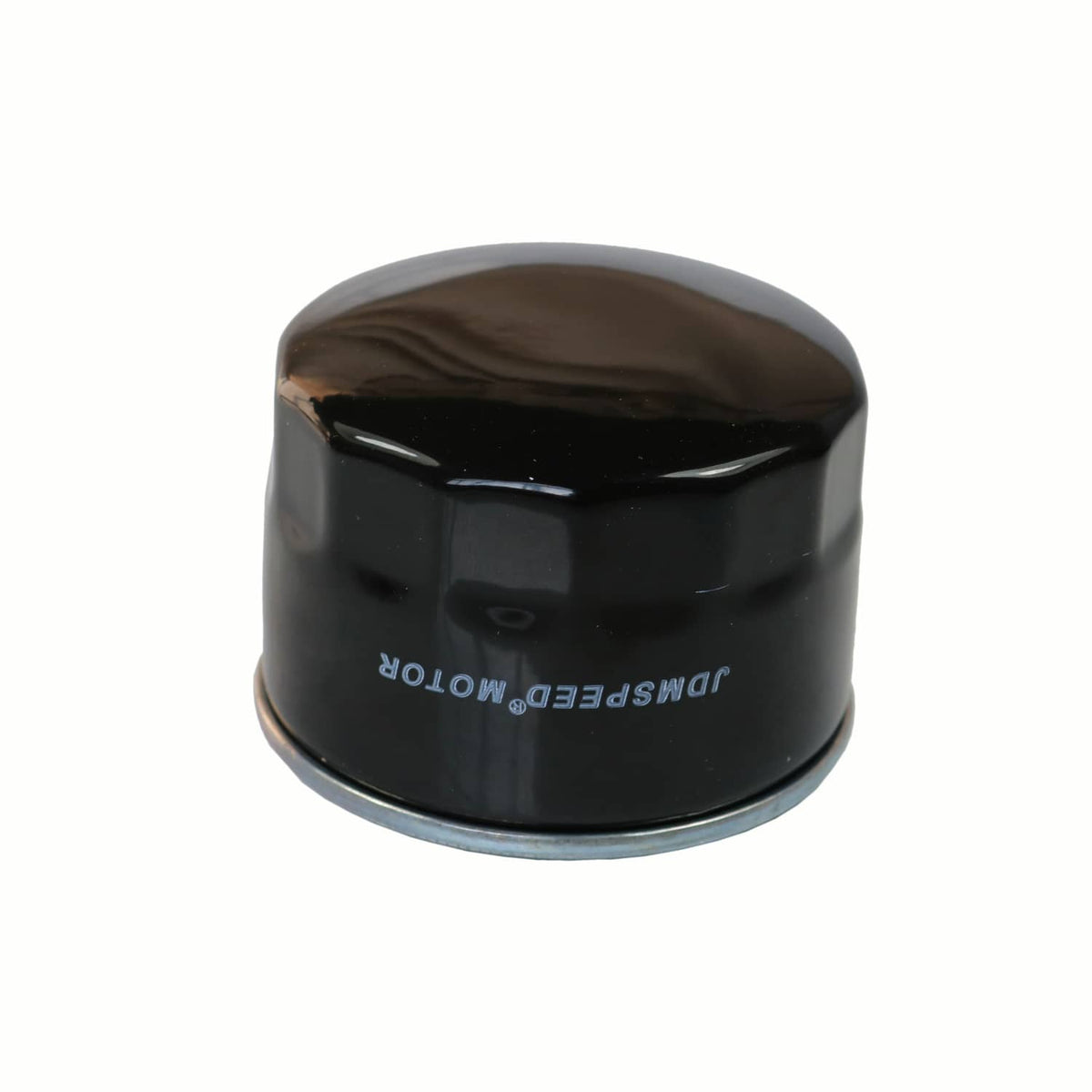 Black oil filter with embossed brand text on the end cap and silver base rim