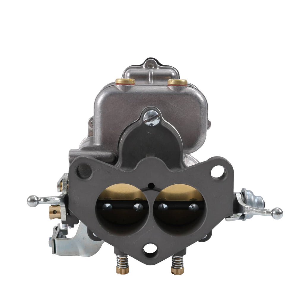 2-barrel carburetor with black throttle plate and twin bores, top linkage visible
