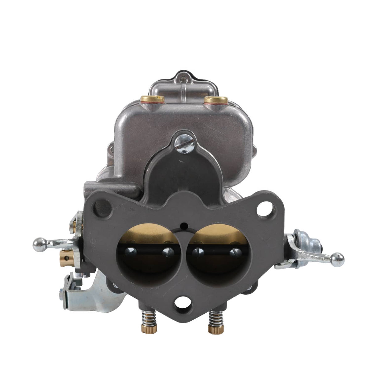 2-barrel carburetor with black throttle plate and twin bores, top linkage visible