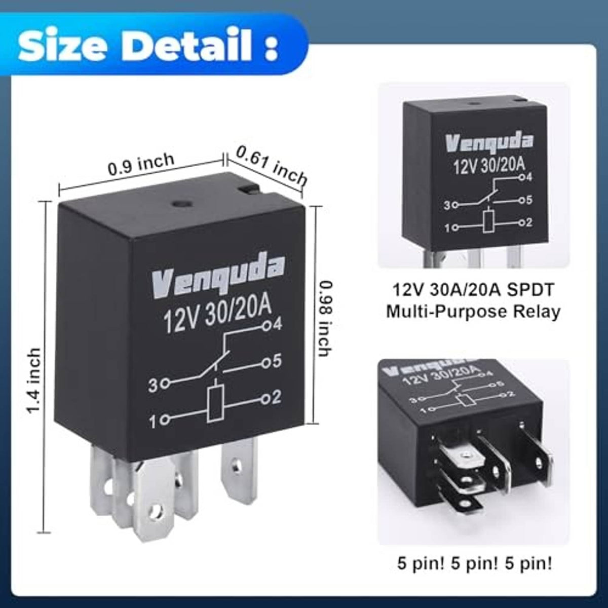 Black 5-pin 12V automotive relay with metal mounting tabs and side pin terminals