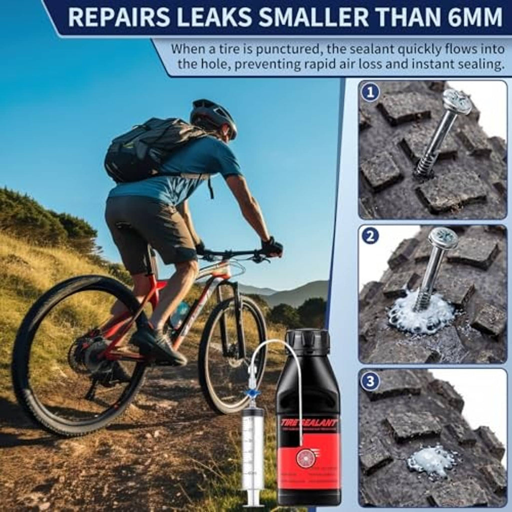 Tubeless tire sealant kit showing leak repair with sealant bottle and syringe