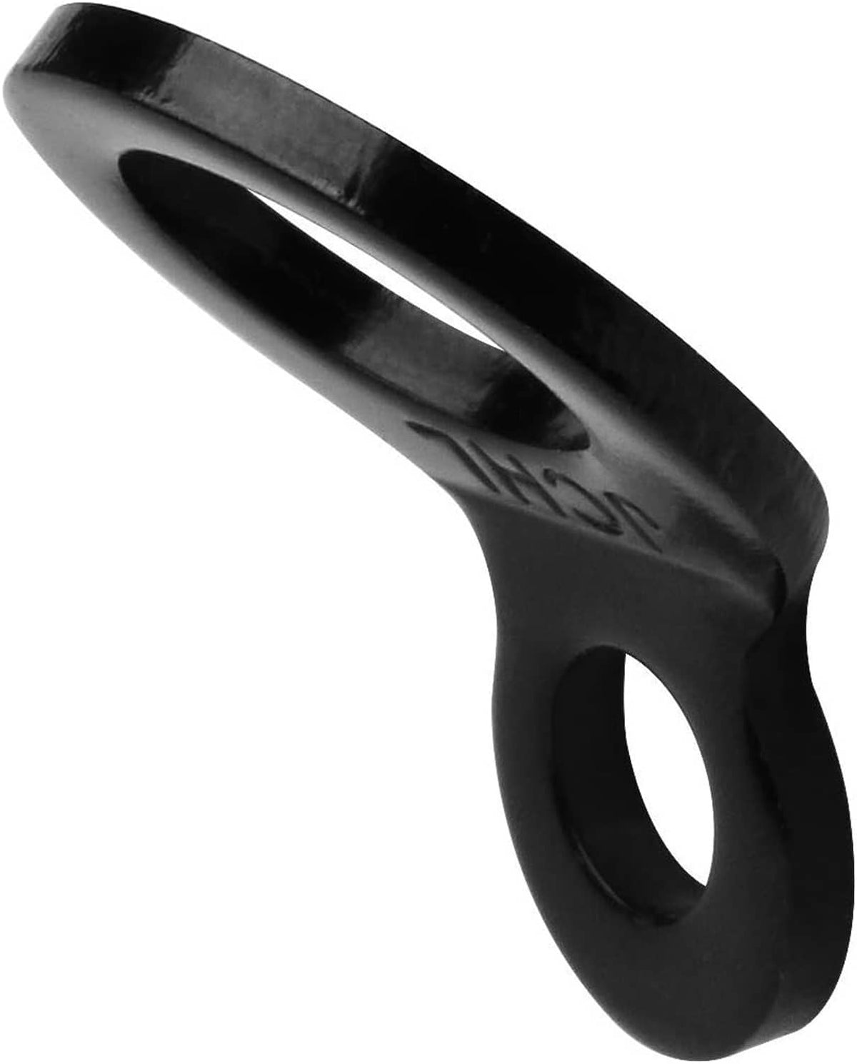 Black tie-down strap ring anchor, side view of oval loop with mounting hole