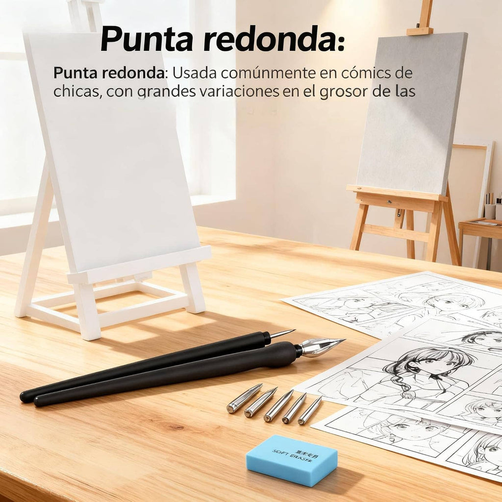 Black dip pen holder with steel nib on drawing sheet with blue eraser block
