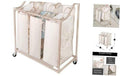 Rolling laundry sorter with three fabric compartments and mesh side panels on casters