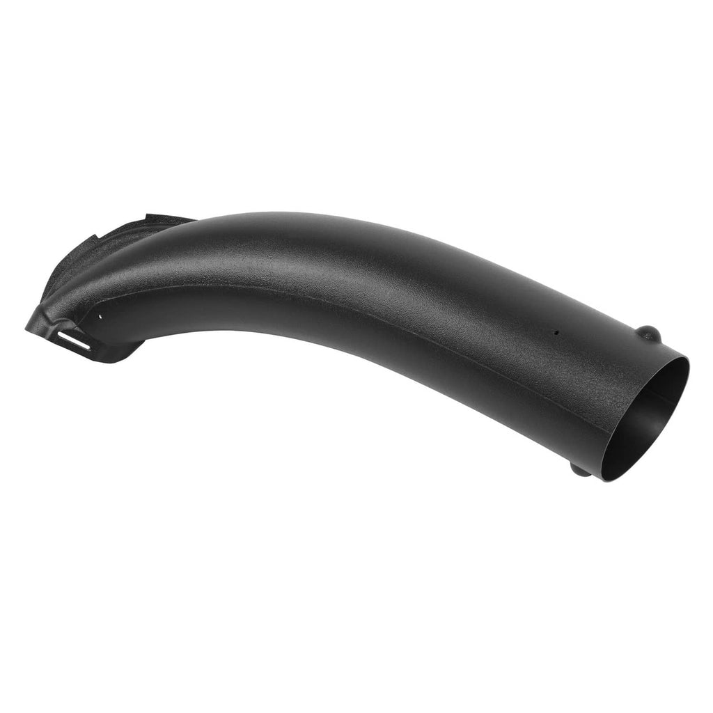 Black curved lawn mower lower chute with round outlet end and mounting tab