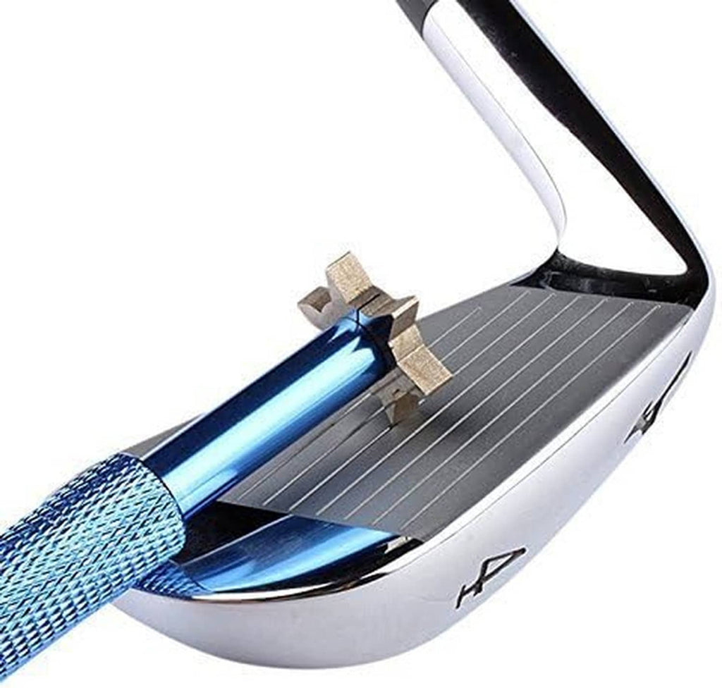 Golf club groove sharpener tool with blue handle and metal star grinding head