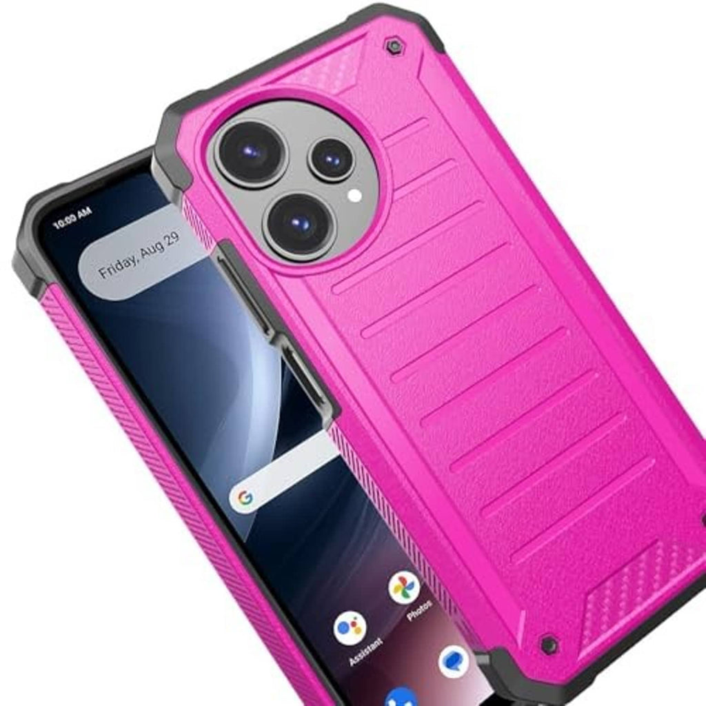 Pink rugged phone case with textured grip pattern and triple camera cutout