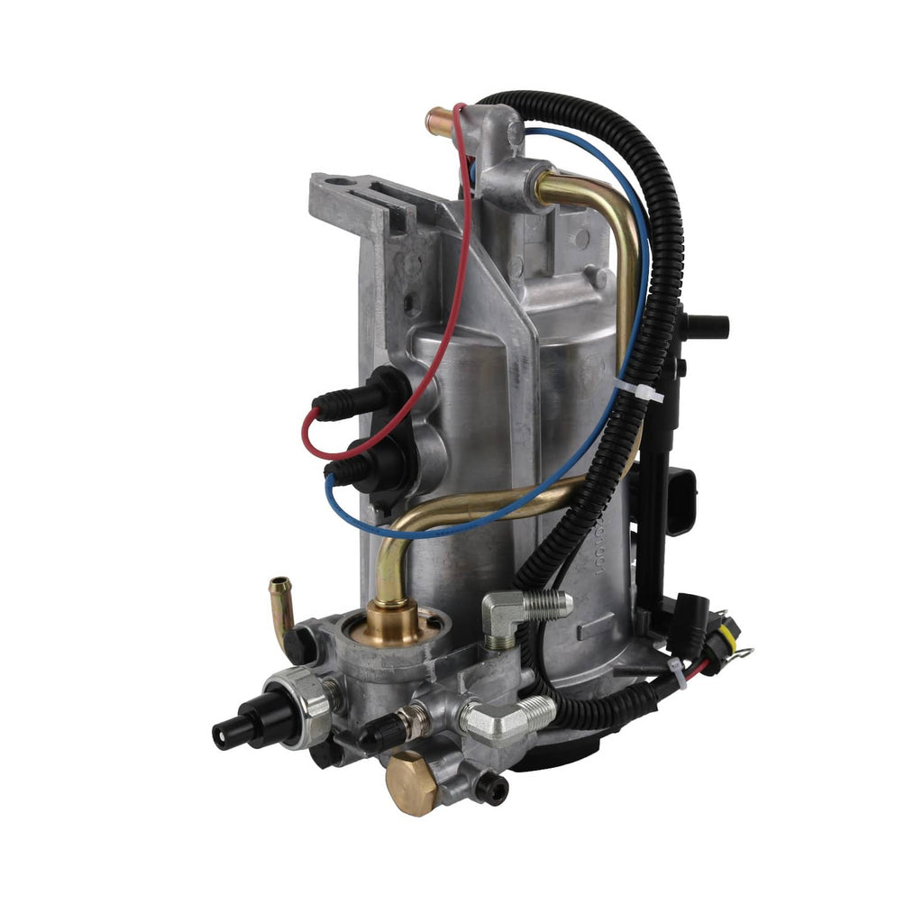 Fuel filter housing assembly with metal body, braided lines, and electrical plugs