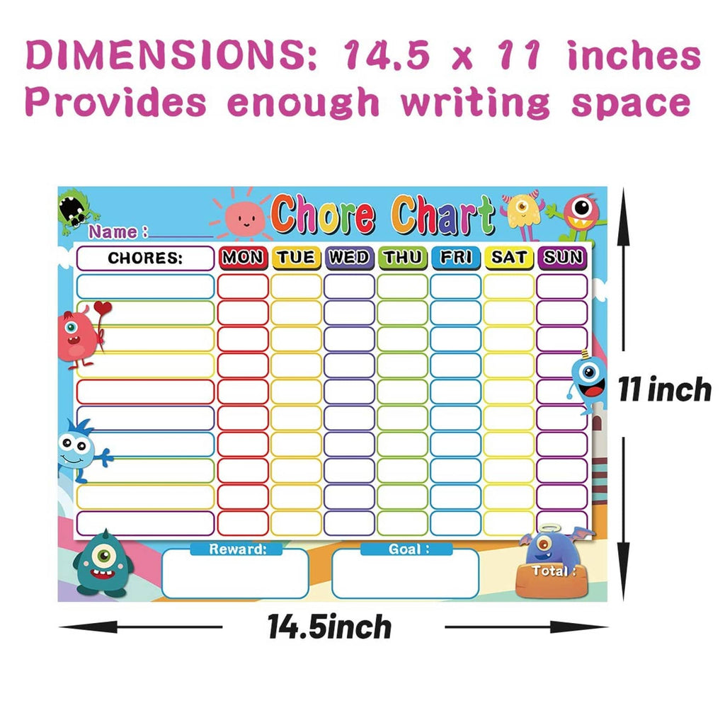 Chore chart with size markers showing 14.5 x 11 inches and weekly boxes