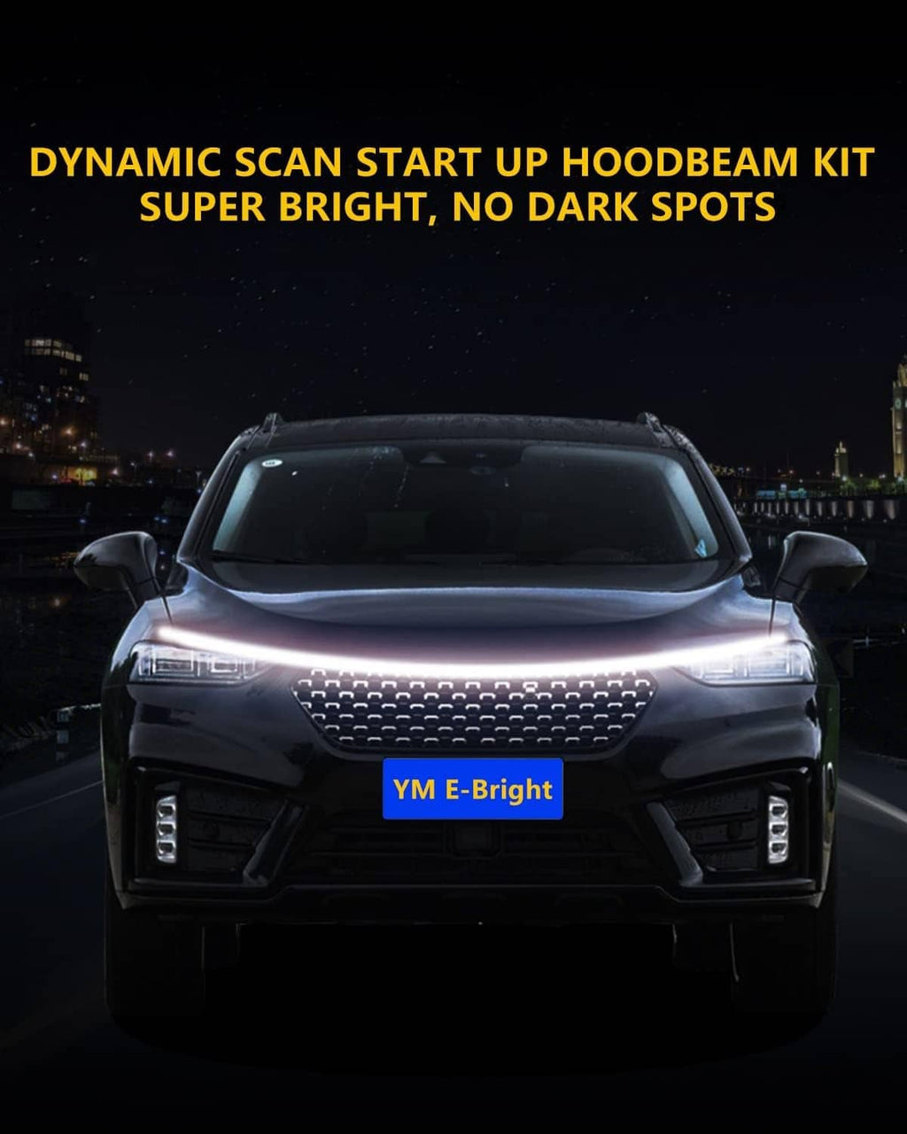 Car LED hood beam kit with bright white dynamic lighting on the grille
