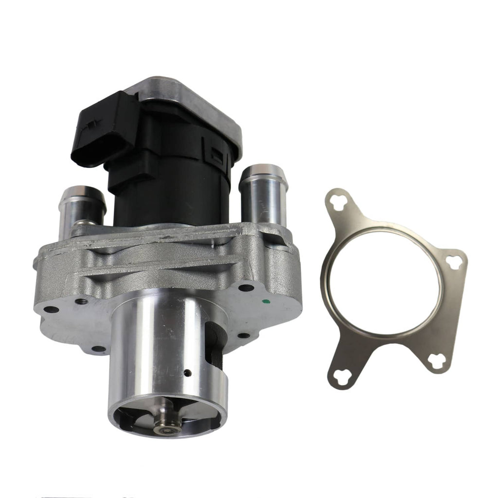 EGR valve assembly with silver actuator body, black connector, and metal mounting gasket