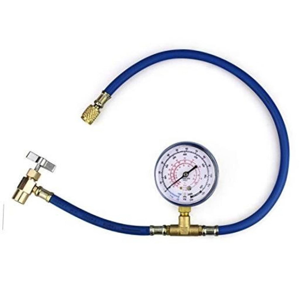Refrigerant charging hose kit with blue hose, brass fittings, and pressure gauge