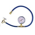 Refrigerant charging hose kit with blue hose, brass fittings, and pressure gauge