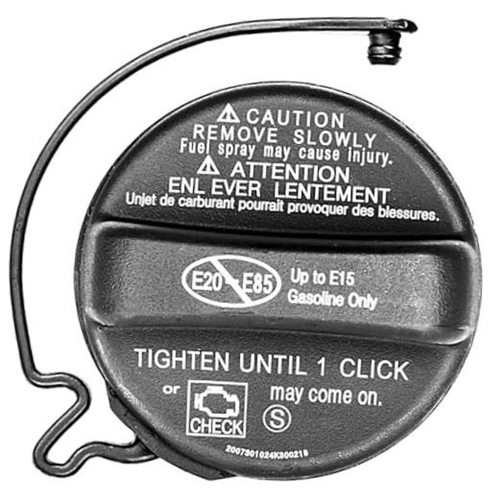 Black fuel gas cap with caution label and tether hose, E20/E85 and tighten until 1 click