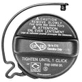 Black fuel gas cap with caution label and tether hose, E20/E85 and tighten until 1 click