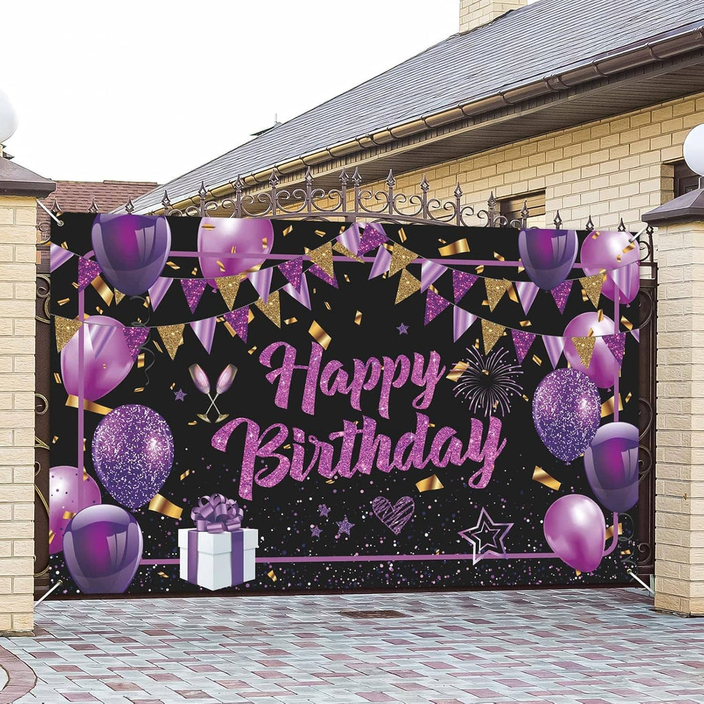 Happy Birthday wall banner with purple balloon graphics, gold stars, and confetti