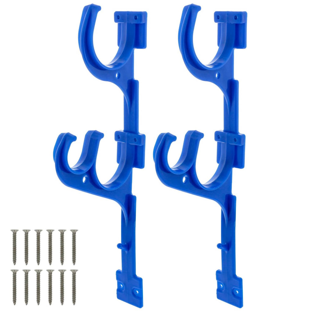 Blue plastic pool pole hanger with four U-shaped hooks and mounting hardware