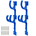 Blue plastic pool pole hanger with four U-shaped hooks and mounting hardware