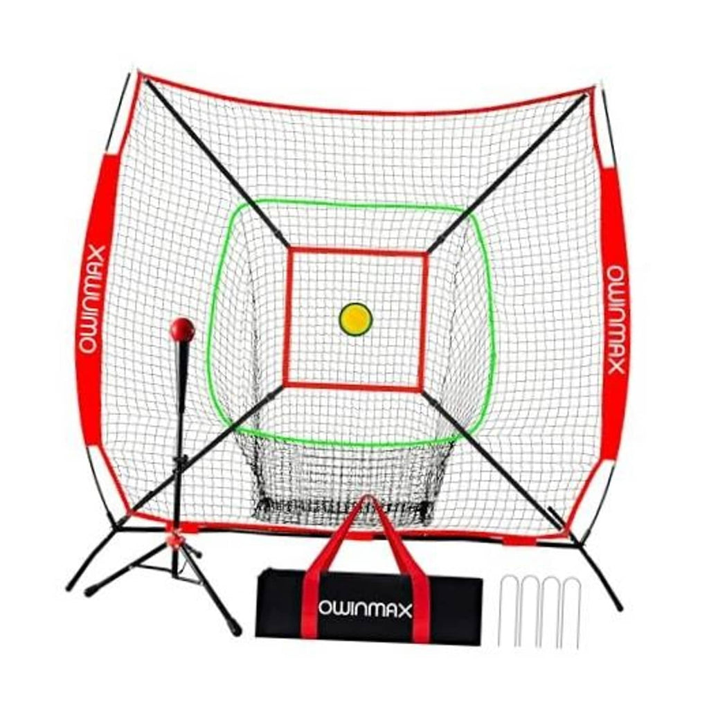 Red and white baseball strike training net with target window and frame legs
