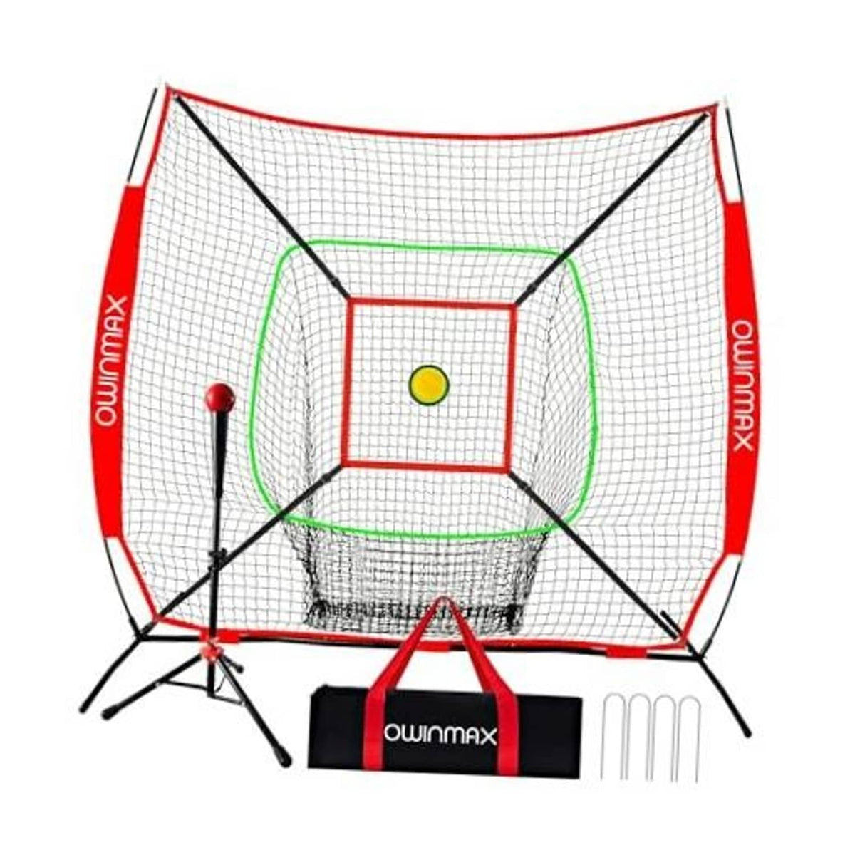 Red and white baseball strike training net with target window and frame legs
