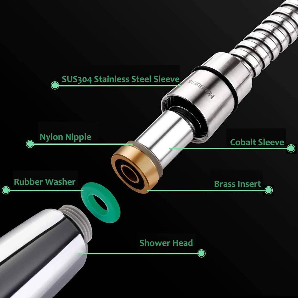 Shower hose connection end with metal sleeve, rubber washer, and brass insert