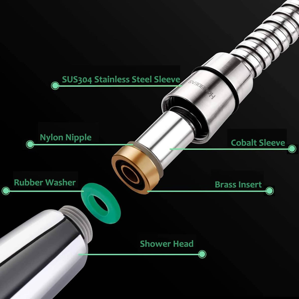 Shower hose connection end with metal sleeve, rubber washer, and brass insert
