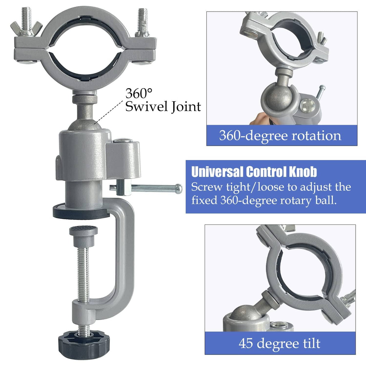 360° swivel drill clamp vise with universal control knob for rotary adjustment