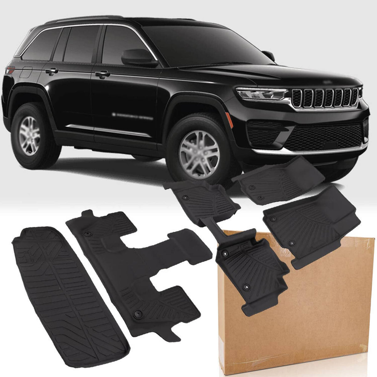 Black all-weather TPE floor mat set with molded channels and raised traction nibs