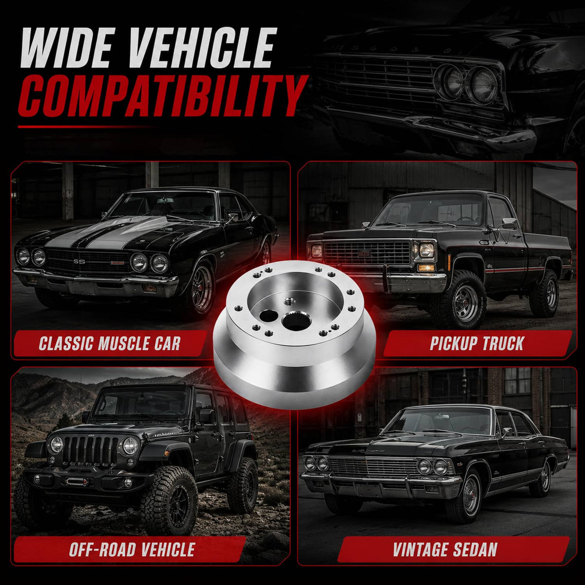 Polished aluminum hub adapter centered for vehicle fit and compatibility