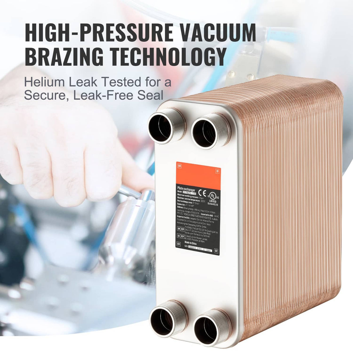 Brazed plate heat exchanger with 4 MNPT ports and copper brazed core