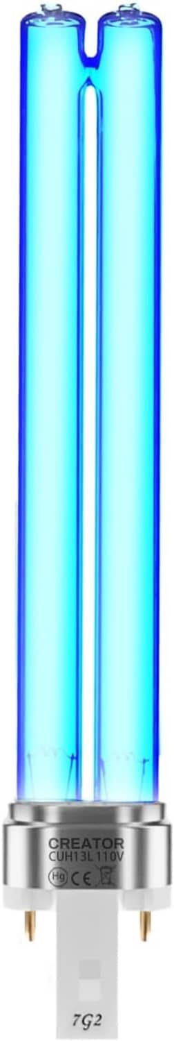UV germicidal light bulb with blue glow, clear glass tube, G23 two-pin base