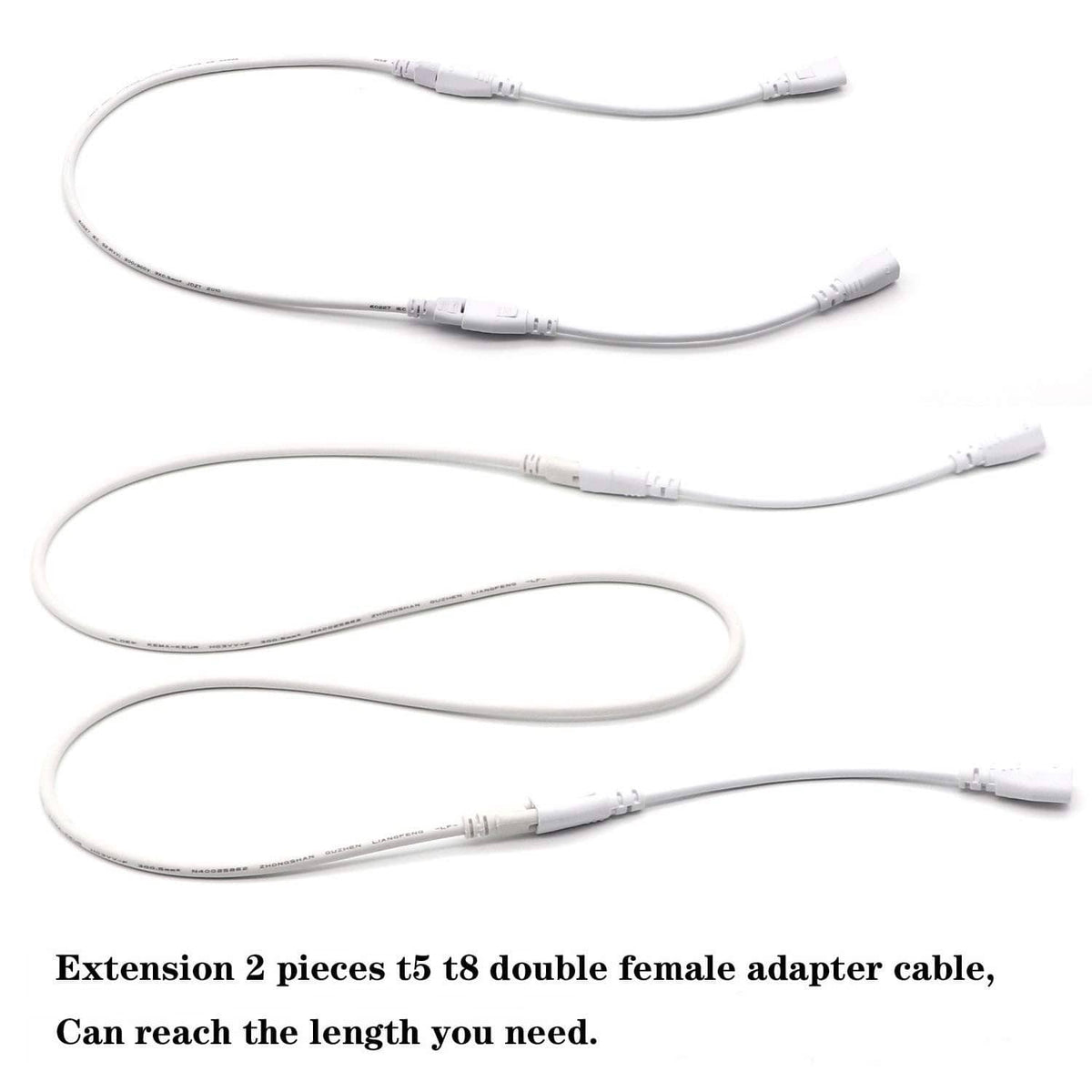 Two-piece white LED tube extension cable, double male-to-male connectors