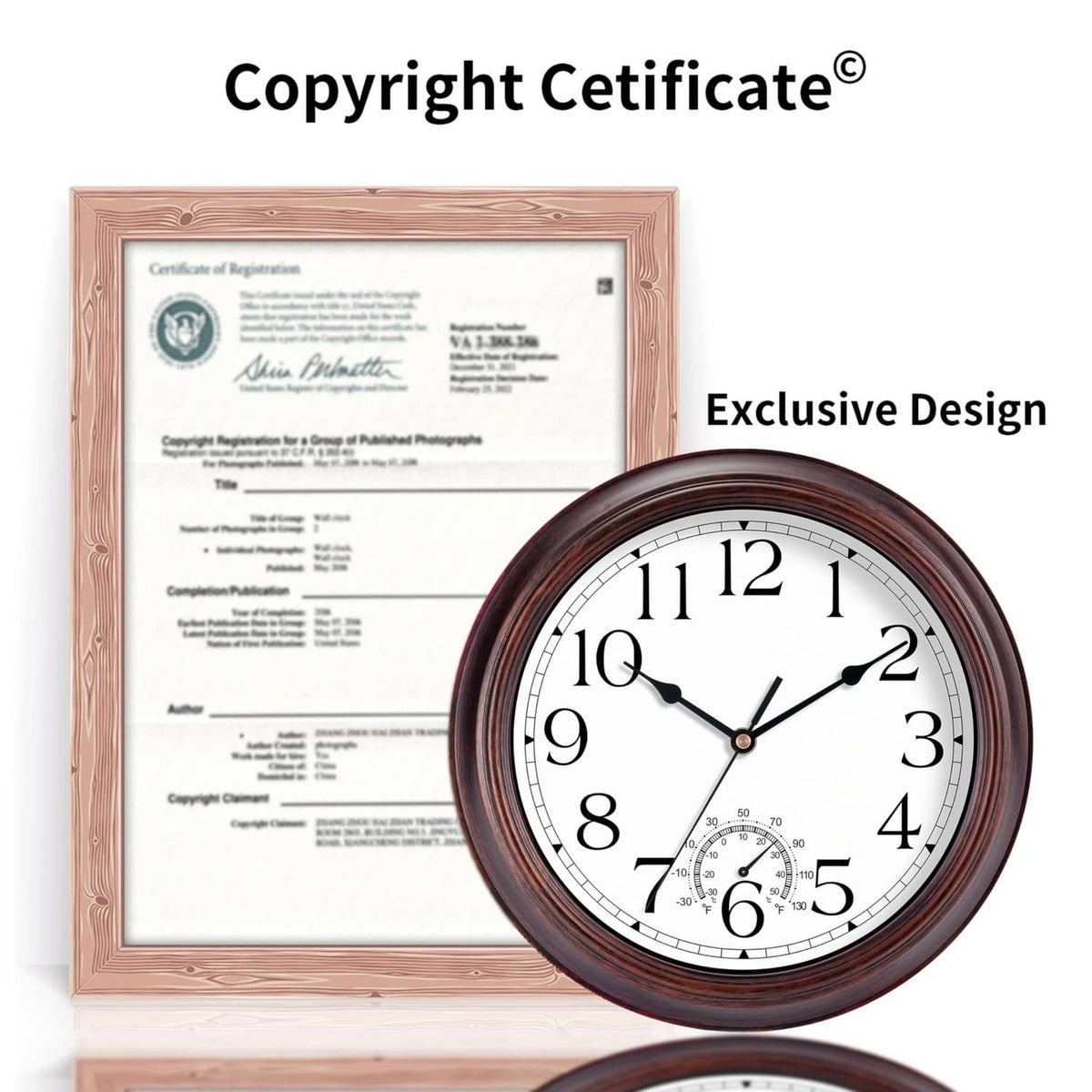 Round outdoor wall clock with copper-red frame, analog hands, and thermometer subdial detail.