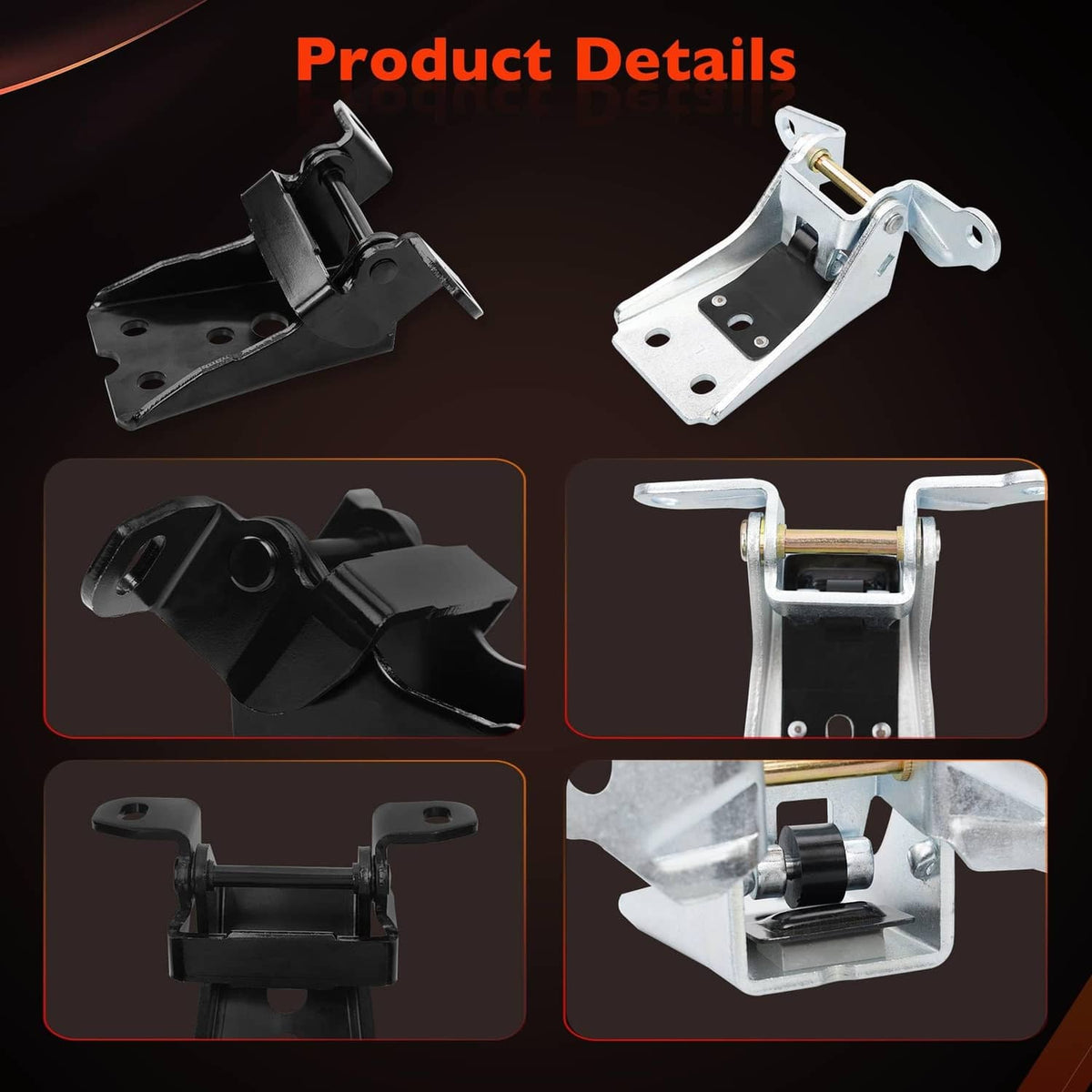 Door hinge pair product detail views: black brackets and silver hinge hardware