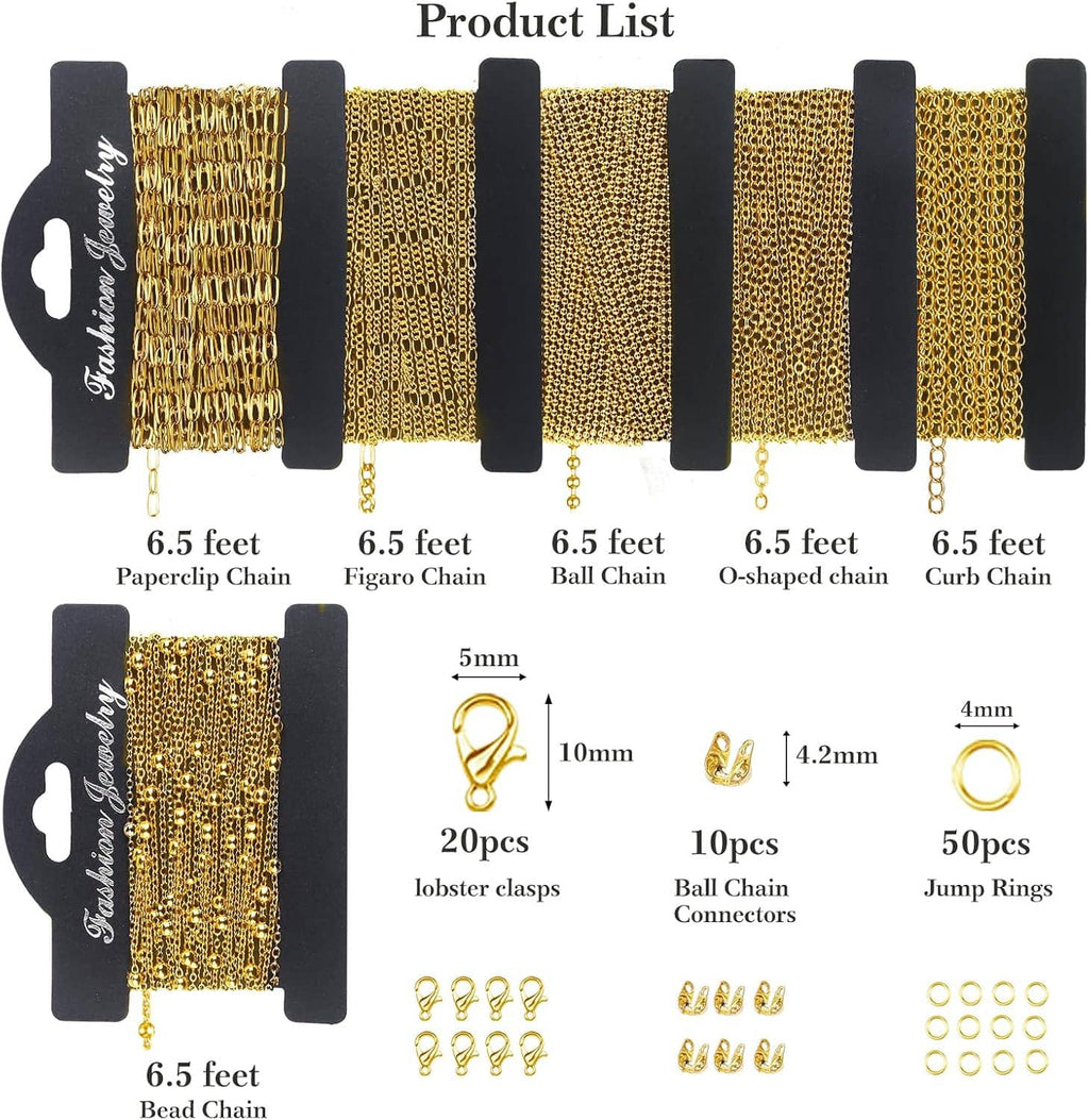 Gold tone chain rolls with jump rings and clasp connectors on a product chart
