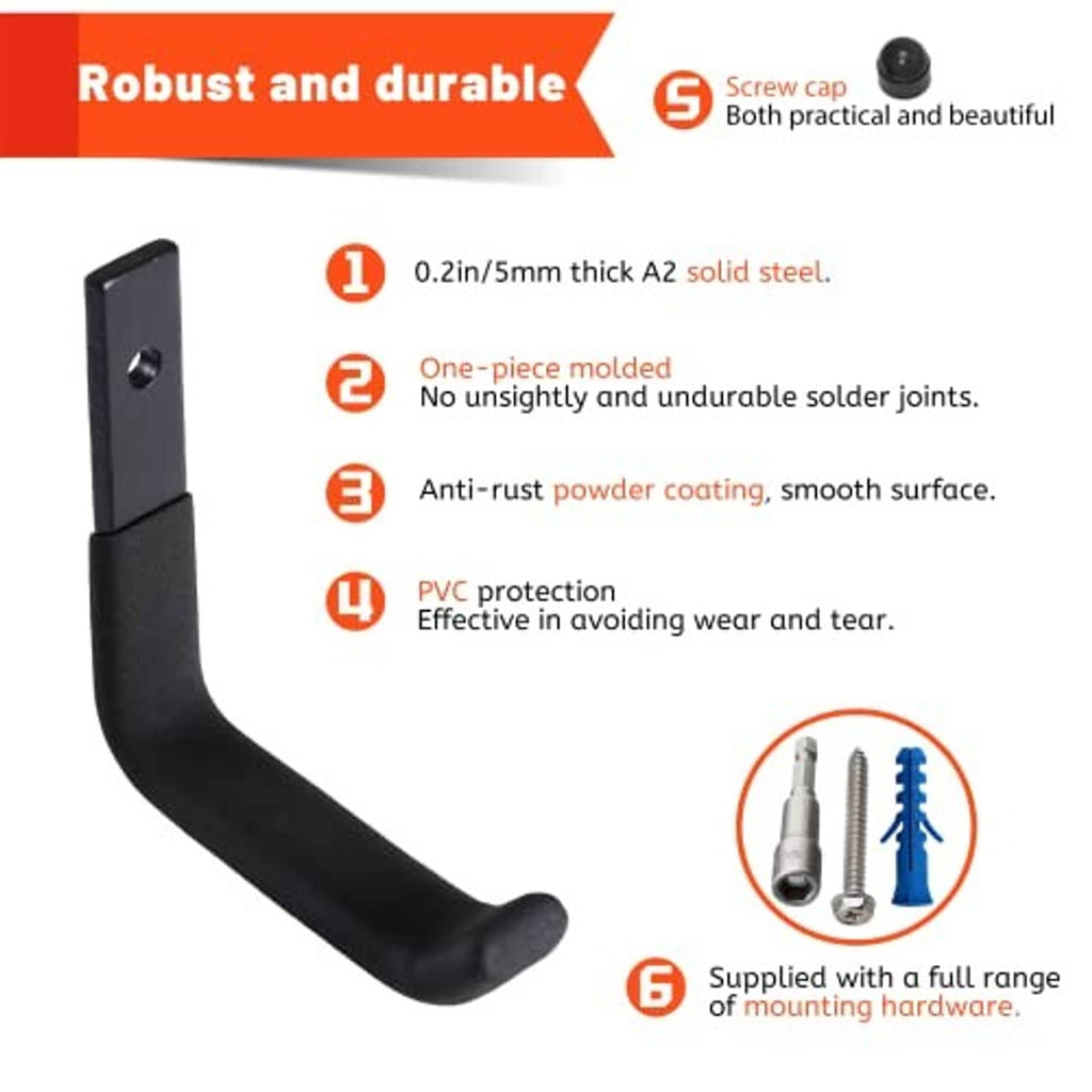 Black curved steel hook with mounting hole, shown with screws and anti-rust coating feature