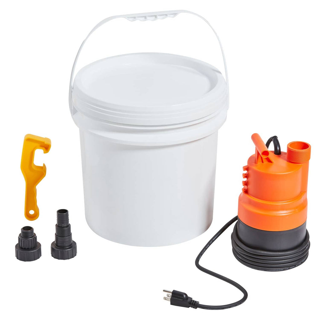 White 3.7-gallon flushing pail with orange pump, power cable, and connection adapters