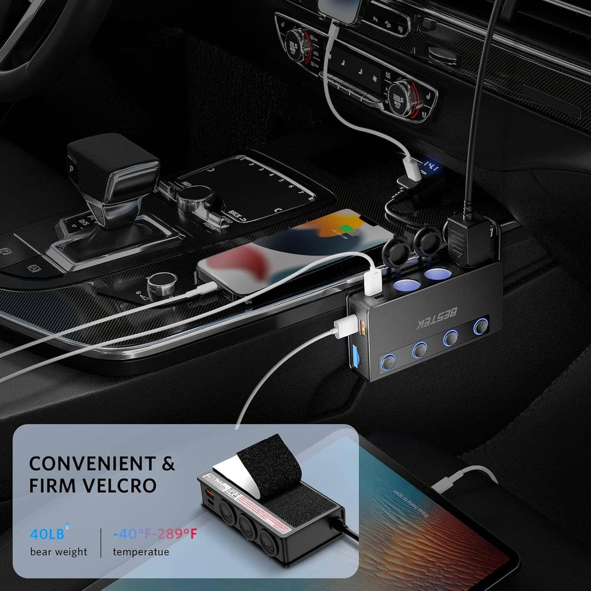 Car charger splitter in vehicle console with multiple cables and outlet ports