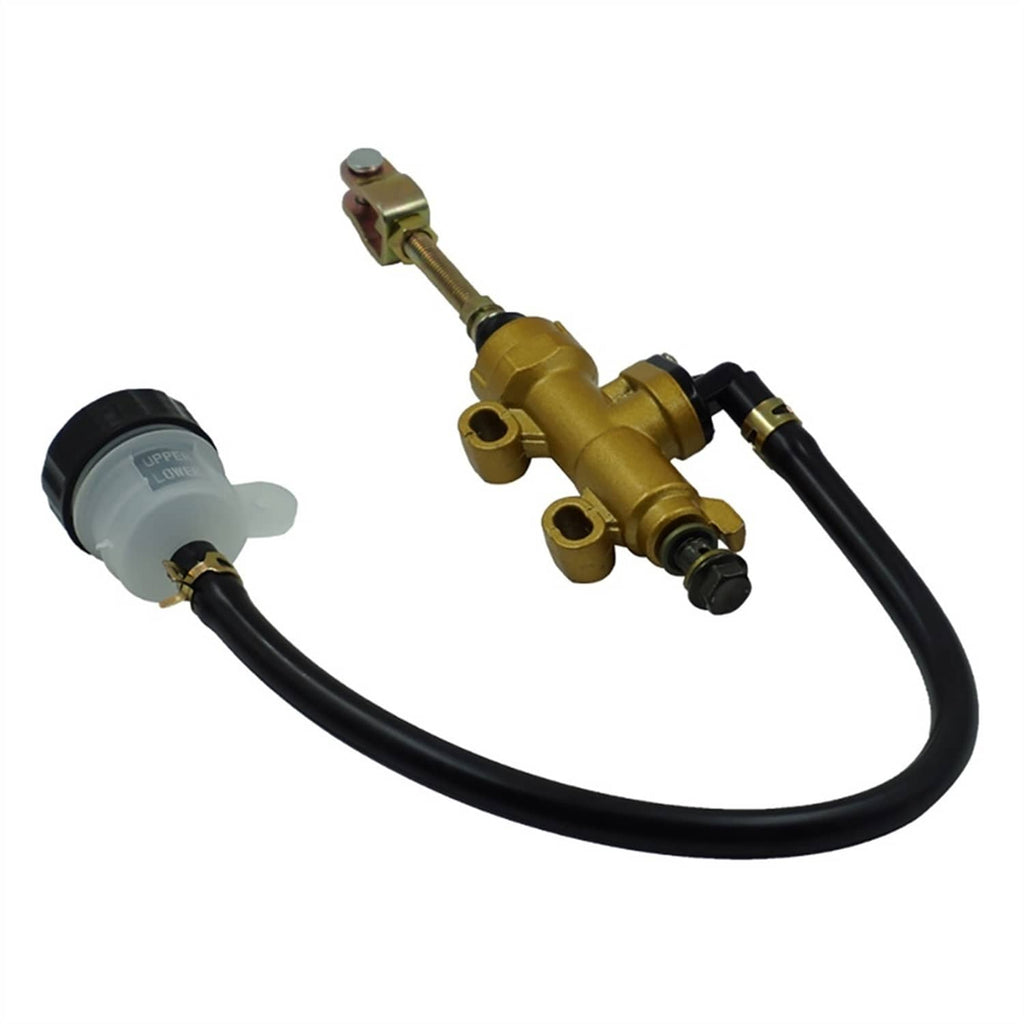 Rear brake master cylinder pump set with white reservoir and black hydraulic lines