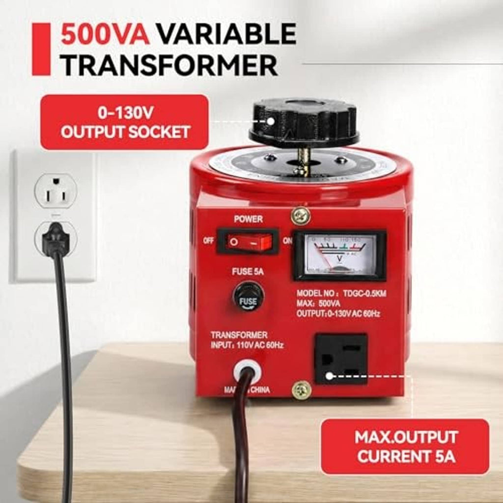 Red 500VA variable transformer with output socket and black dial for adjustable voltage