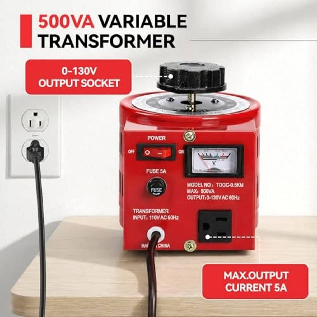 Red 500VA variable transformer with output socket and black dial for adjustable voltage