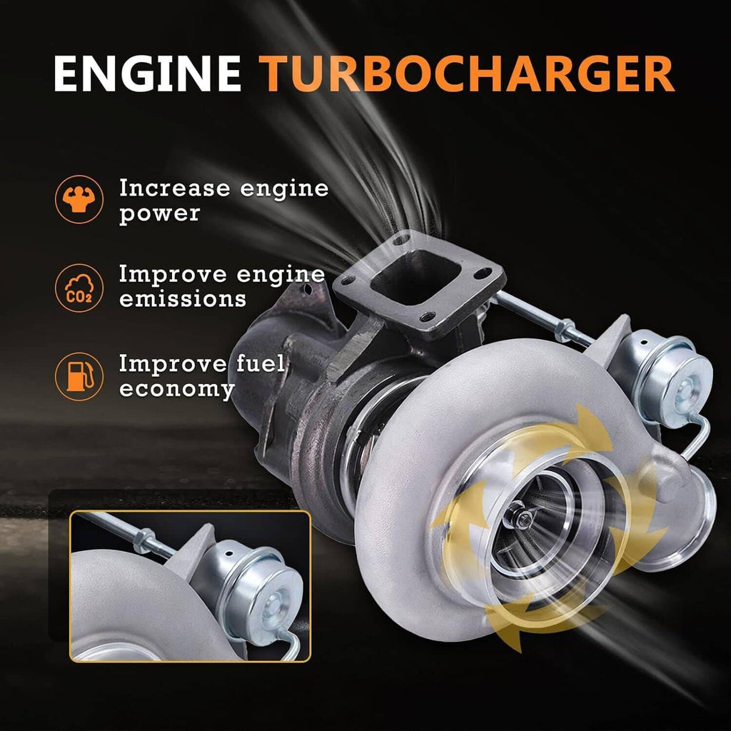 Turbocharger with silver compressor inlet and dark exhaust housing, side view