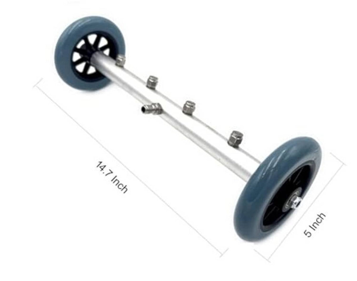 Undercarriage pressure washer cleaner tool with blue wheels, 14.1 in length and 5 in width