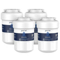 Set of four white refrigerator water filter cartridges with blue labels