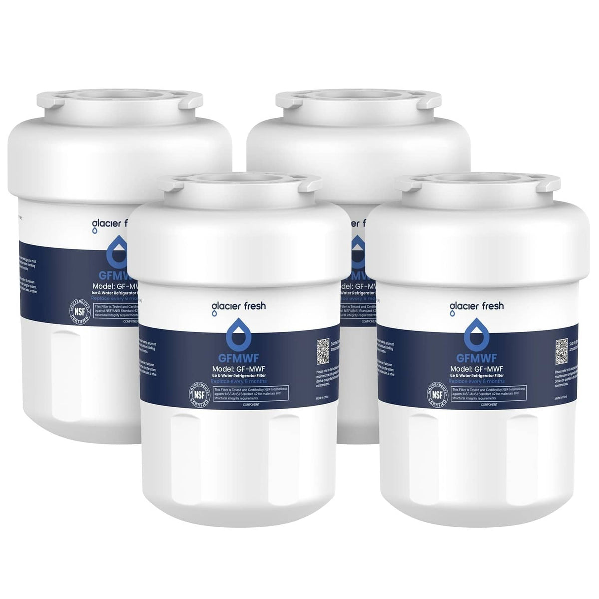Set of four white refrigerator water filter cartridges with blue labels