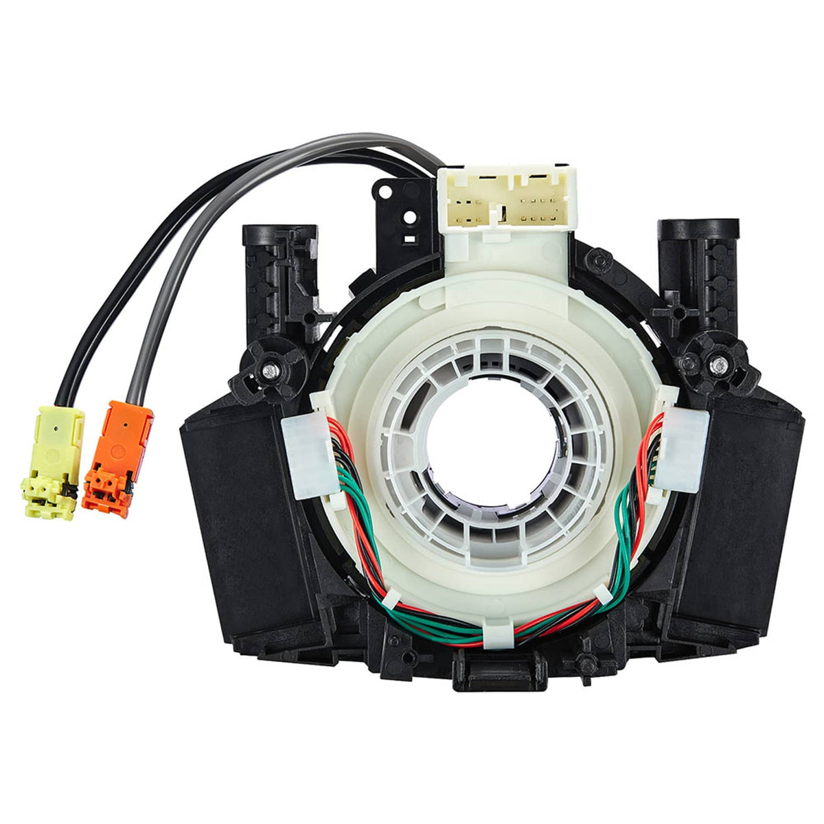 Clock spring spiral cable assembly with white circular coil and black connector blocks, wiring attached